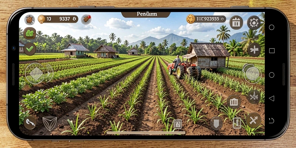Tampilan gameplay <strong>93337</strong> yang menampilkan ladang yang subur dan tanaman yang tumbuh.