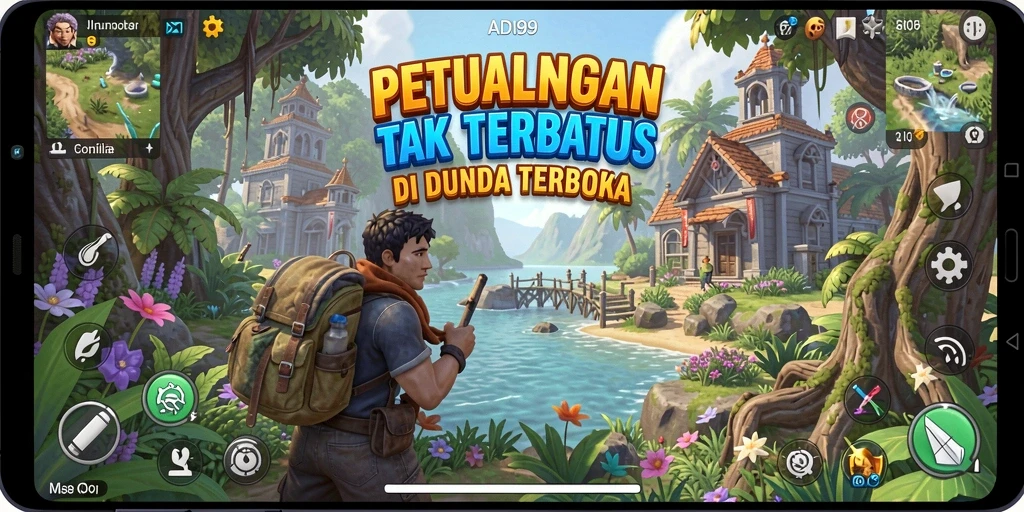 Screenshot utama ADI99 menunjukkan gameplay eksplorasi dunia terbuka yang luas.