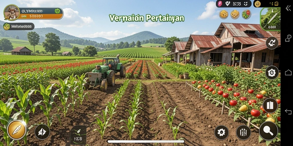 Screenshot OLYMPUS88 menampilkan kebun yang subur dan hewan ternak yang ceria.