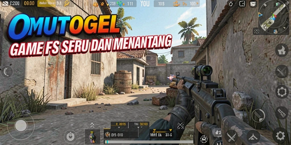 Screenshot gameplay OMUTOGEL dengan aksi menembak yang intens.
