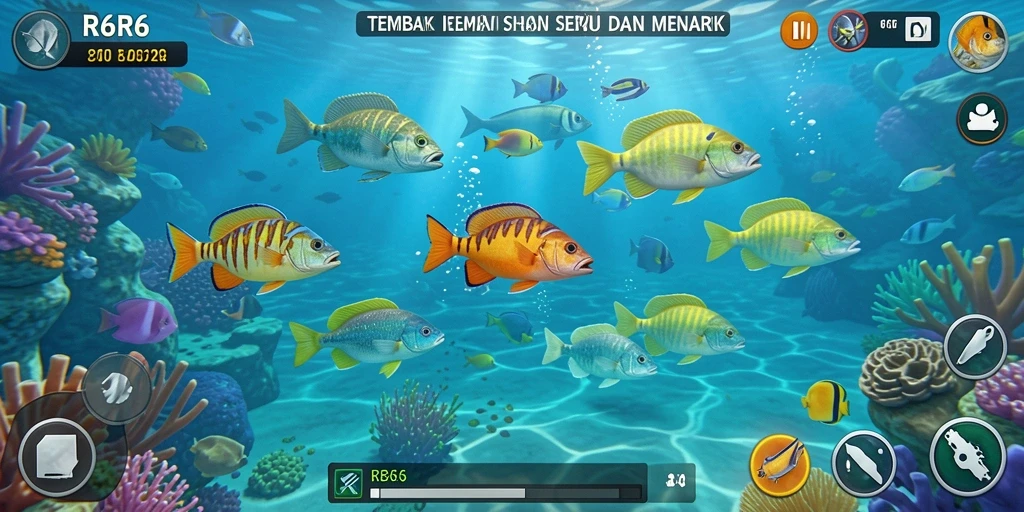 Tampilan gameplay seru dalam R6R6 saat menembak ikan.