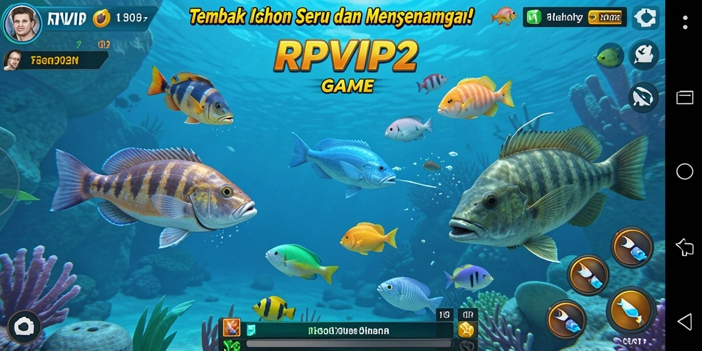 Tampilan gameplay RPVIP2 dengan banyak ikan dan aksi menembak.