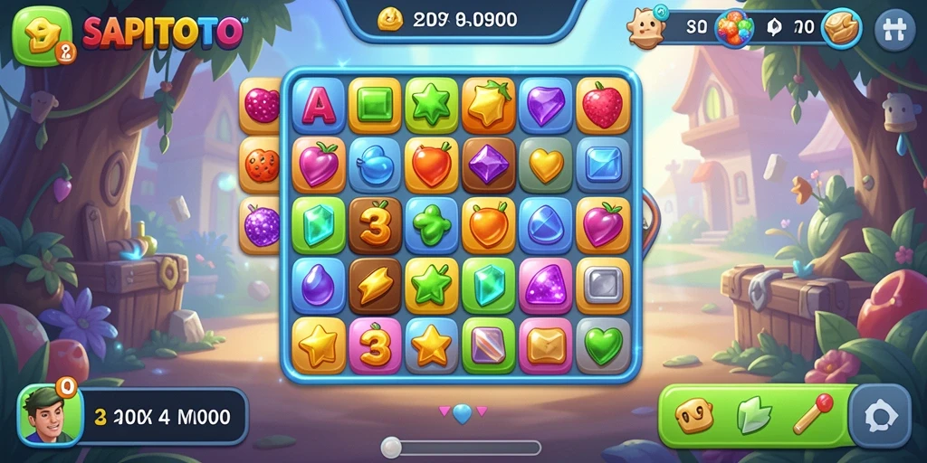 Screenshot gameplay SAPITOTO dengan warna-warni cerah dan objek Match-3.