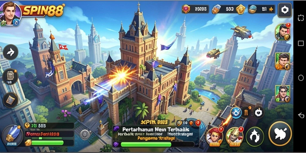 Tangkapan layar menunjukkan aksi menara pertahanan yang intens di SPIN88.